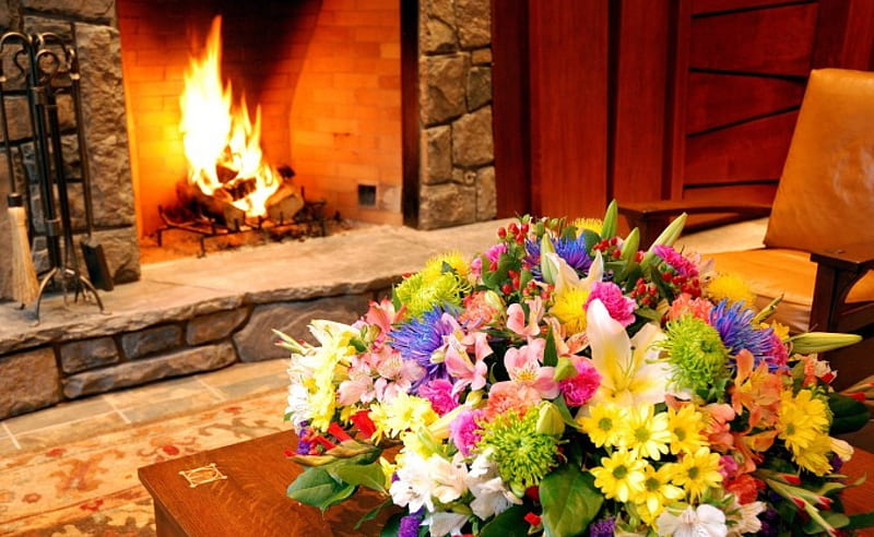 * The romantic atmosphere of the fireplace *, pokoj, kwiaty, kominek, nature, HD wallpaper
