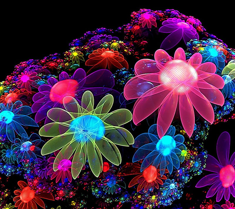 Neon Flowers, orange, colors, black, yellow, abstract, cute, purple, multicolor, flowers, neon, pink, blue, HD wallpaper