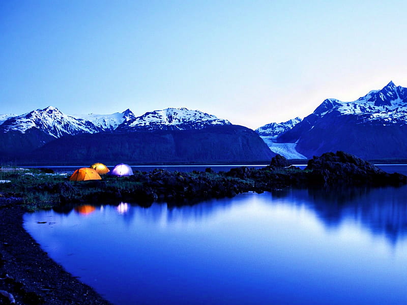 Lakeside Winter Camping, rocks, water, snow, mountains, camping, lake, winter, tents, HD wallpaper