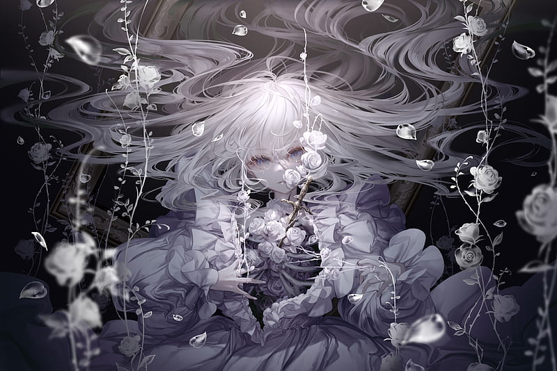 gothic anime girl, lolita fashion, white hair, white roses, petals, Anime, HD wallpaper