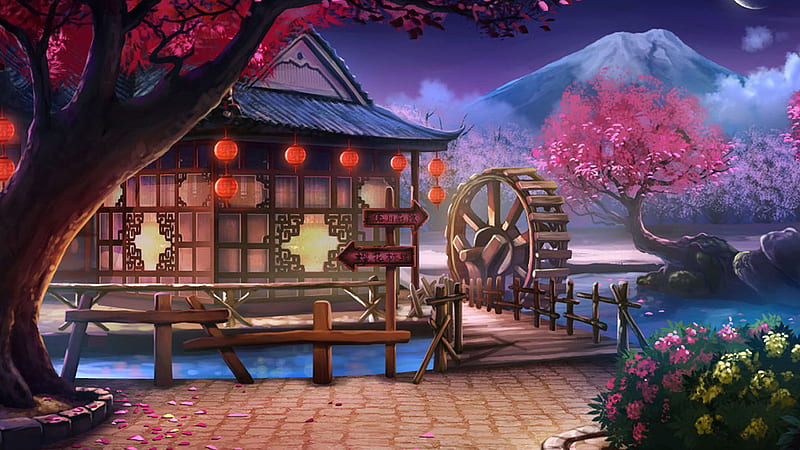 Wood House Pink Cherry Blossom Flowers Snow Mountain Anime Background Anime Background, HD wallpaper