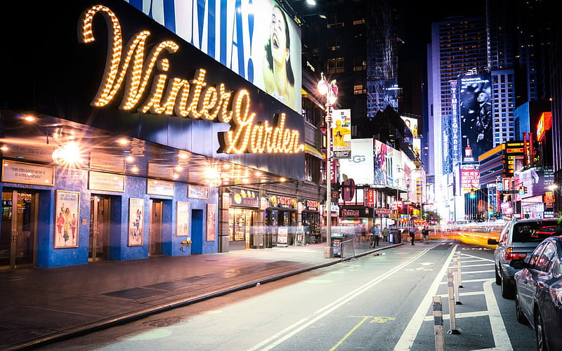 theater on broadway in new york city r, city, signs, r, theater, street, lights, night, HD wallpaper