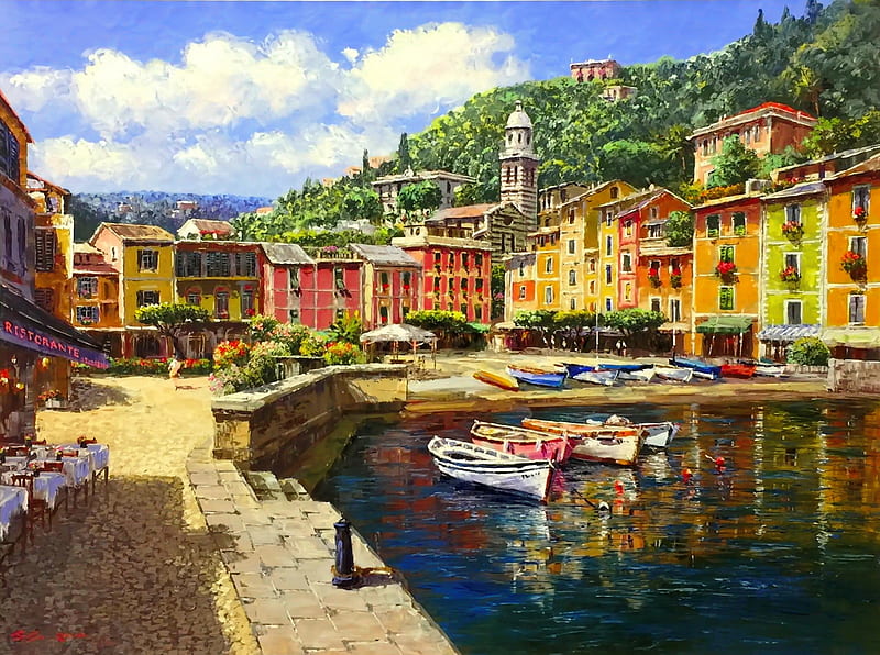 Harbor at Portofino, pretty, art, cafe, Italy, bonito, lake, boats, village, painting, portofino, harbor, HD wallpaper
