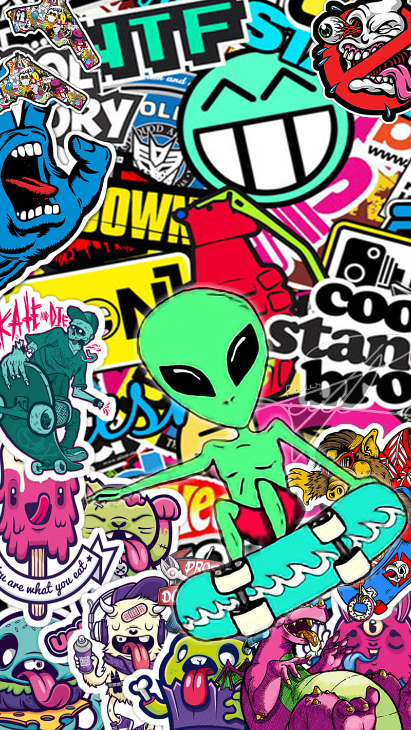 Crazy stickers, alien, awesome, cool, knuckles, rockstar, skate, sticker, theme, zombie, HD phone wallpaper