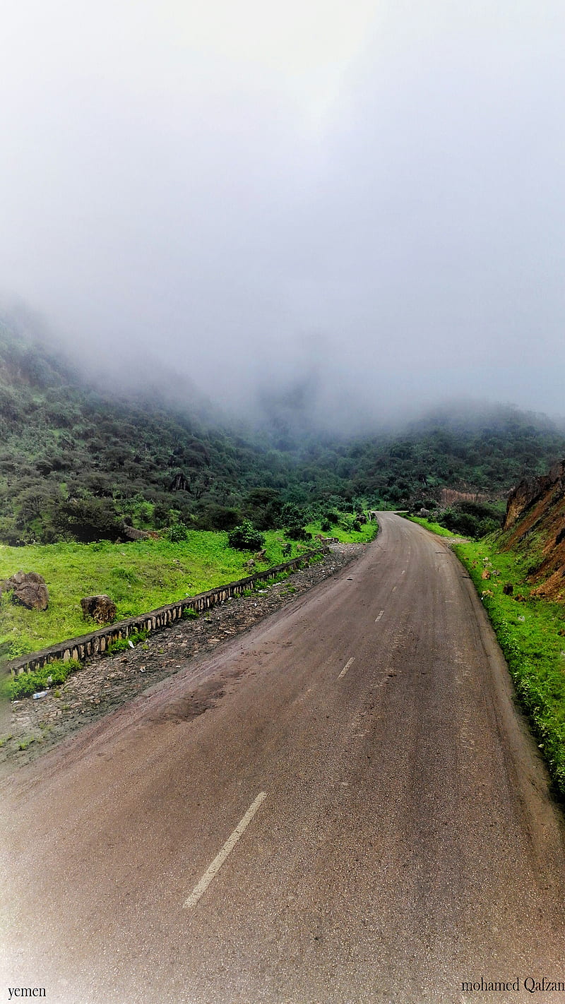 Path Green, clouds, mountains, road, terrain, yemen, HD phone wallpaper