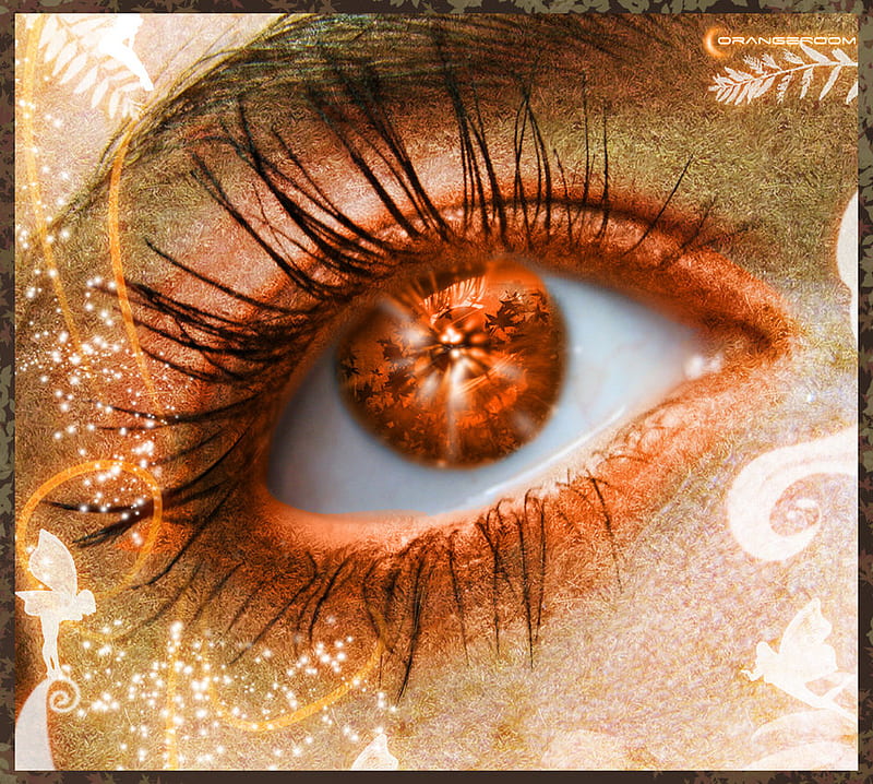 Fairy Of Autumn, fall, leaves, orange, eye, lashes, fairy, HD wallpaper