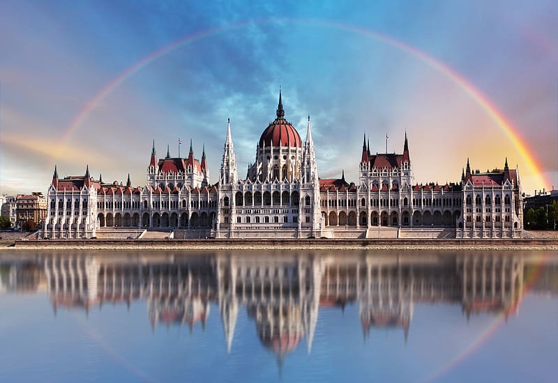 Monuments, Rainbow, Hungary, Budapest, , Hungarian Parliament Building, HD wallpaper