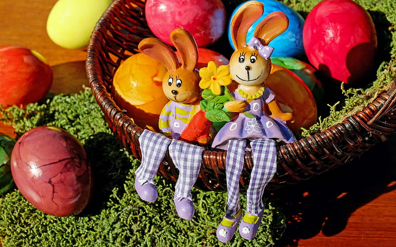 Happy Easter!, rabbit, toy, easter, bunny, child, couple, colorful, pasti, egg, basket, HD wallpaper