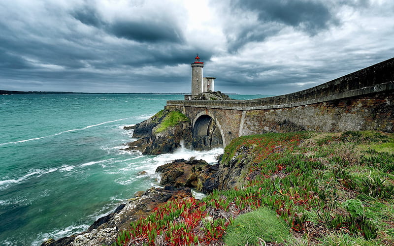 Brittany, coast, lighthouse, sea, Finistere, France, HD wallpaper