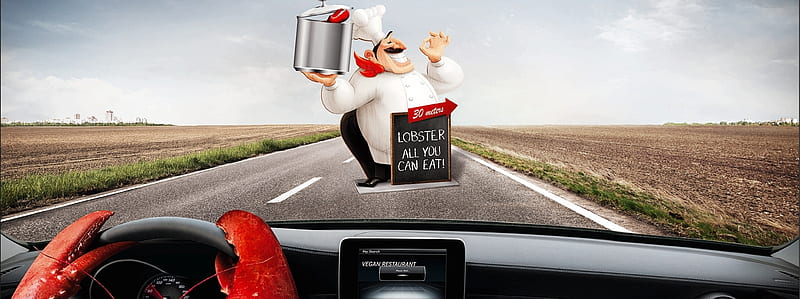 :), red, add, car, commercial, funny, road, cheff, lobster, advertise, HD wallpaper