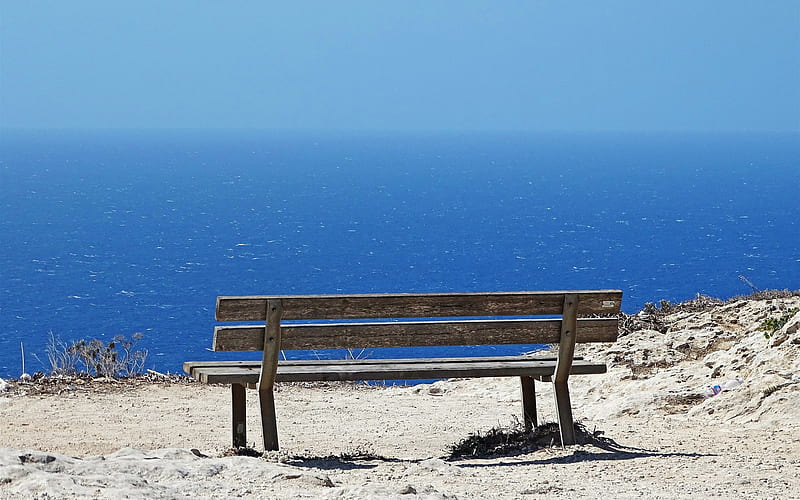 Bench by Sea in Malta, bench, Malta, sea, coast, HD wallpaper