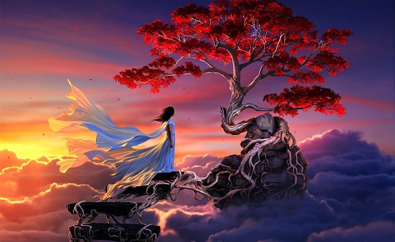 Gone With The Wind, Woman, Sakura Tree, Wind, Sunset, HD wallpaper