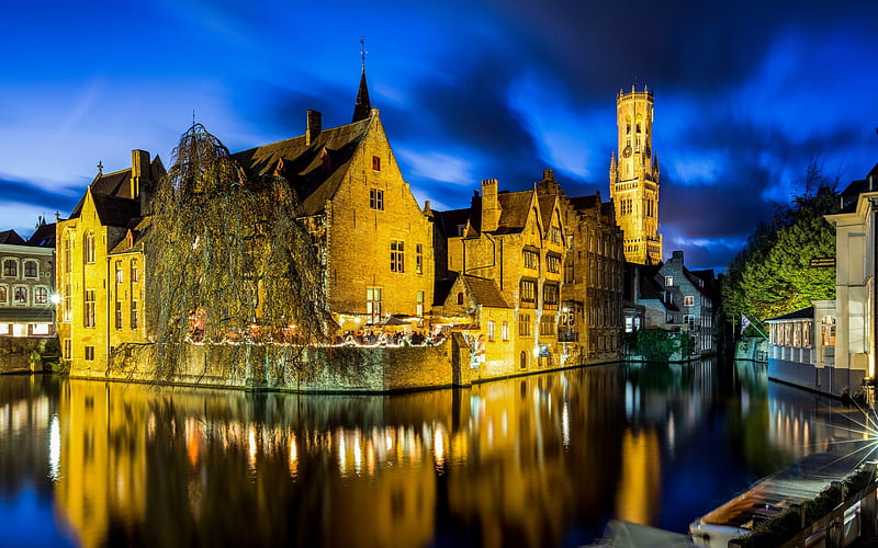 Brugge, evening, city lights, chapel, cityscape, Belgium, HD wallpaper