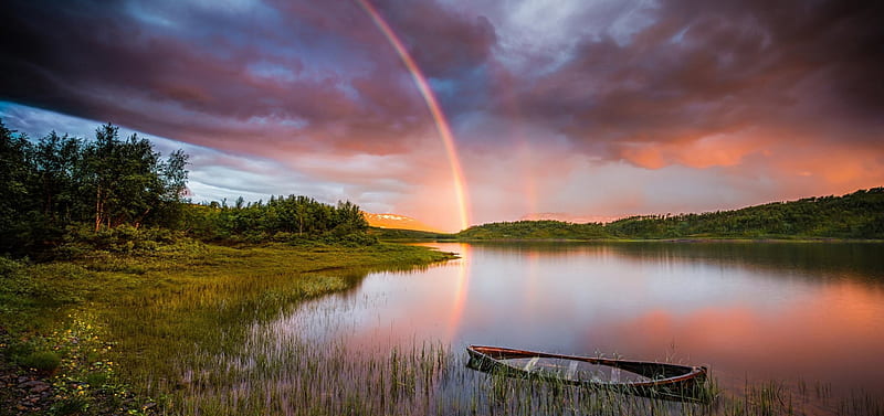Two Minutes Past Midnight, Norway, hills, forest, bonito, sunset, reeds, rainbow, sky, clouds, boats, wildflowers, river, calm afternoon, HD wallpaper