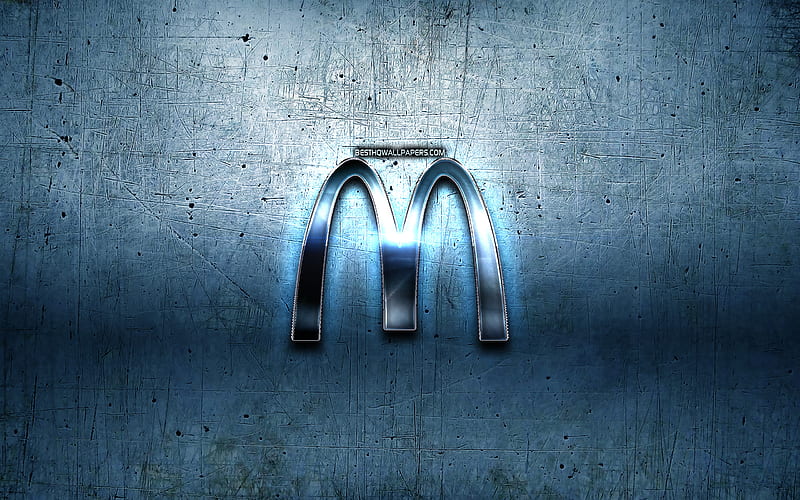 McDonalds metal logo, blue metal background, artwork, McDonalds, brands, McDonalds 3D logo, creative, McDonalds logo, HD wallpaper