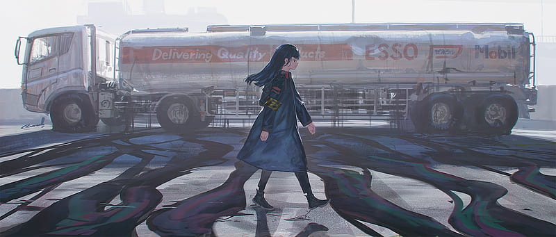 anime girl, walking, road, city, fuel truck, Anime, HD wallpaper