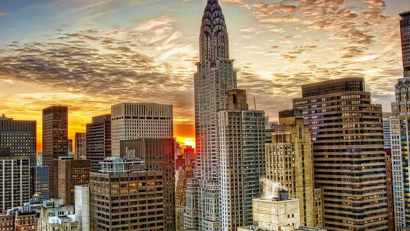 magnificent sunset behind chrysler building in nyc r, city, r, sunset, clouds, skyscrapers, HD wallpaper