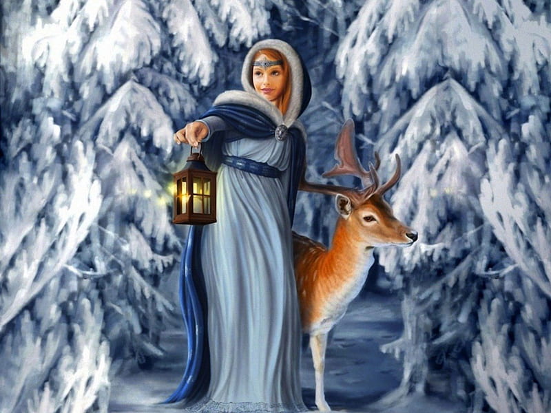 Lighting the Way, lantern, christmas, woman, deer, snow, lady, white, light, blue, frost, HD wallpaper
