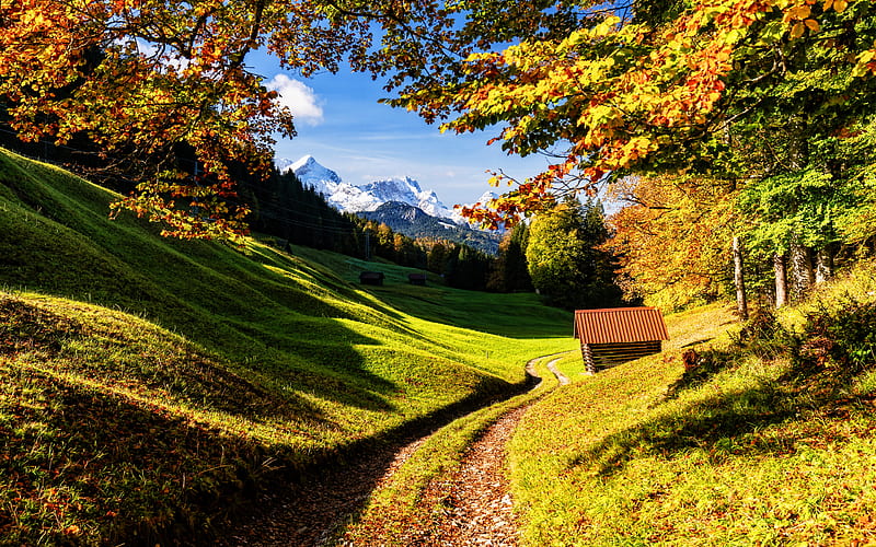 Bavaria autumn, road, mountains, Germany, Europe, beautiful nature, hut in mountains, HD wallpaper