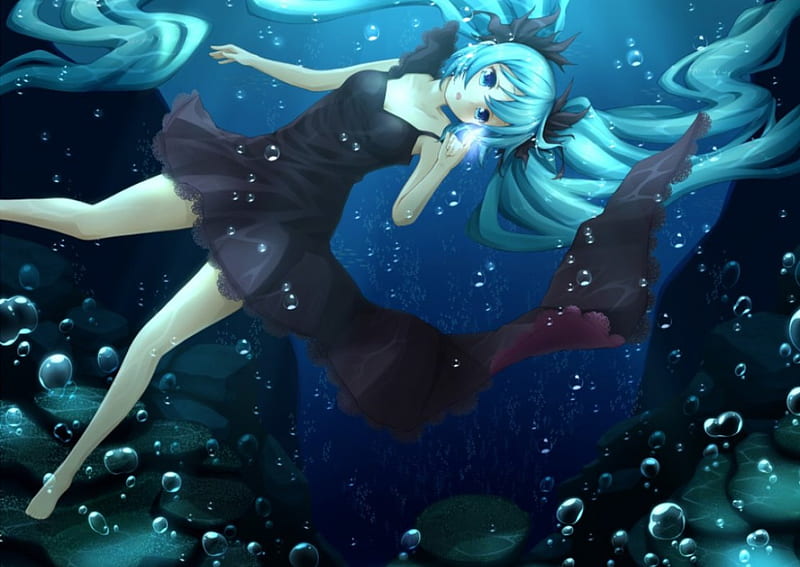 Underwater, reef, hatsune miku, anime, bubbles, hot, anime girl, vocaloids, long hair, blue eyes, vocaloid, female, miku, coral, twintails, gown dress, sexy, twin tails, cute, water, girl, blue hair, aqua hair, HD wallpaper