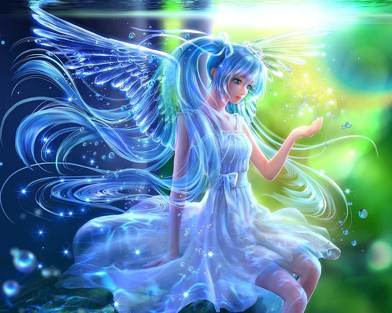 Blue Angel, pretty, wet, cg, wing, sweet, nice, anime, feather, bubbles, beauty, anime girl, vocaloids, realistic, long hair, underwater, wings, lovely, ribbon, gown, miku, sexy, abstract, cute, hatsune, dress, divine, hatsune miku, bonito, sublime, elegant, hot, blue eyes, gorgeous, vocaloid, female, angel, twintails, 3d, girl, blue hair, aqua hair, HD wallpaper