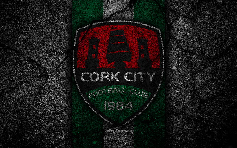 Cork City FC, logo, Ireland Premier Division, black stone, soccer, Ireland, football club, Irish Premier League, Cork City, IPD, asphalt texture, FC Cork City, HD wallpaper