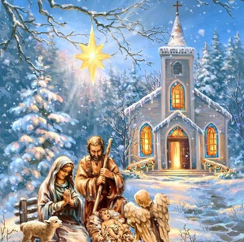 Nativity at the Chapel, Christmas, holidays, Christmas Tree, love four seasons, attractions in dreams, angels, xmas and new year, winter, jesus, snow, churches, chapel, star, HD wallpaper