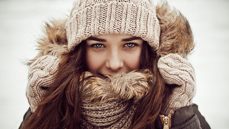 winter beauty, scarf, brunette, beanie, girl, HD wallpaper