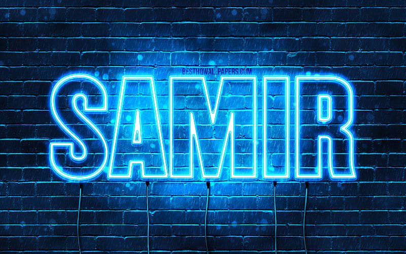Samir with names, horizontal text, Samir name, Happy Birtay Samir, blue neon lights, with Samir name, HD wallpaper