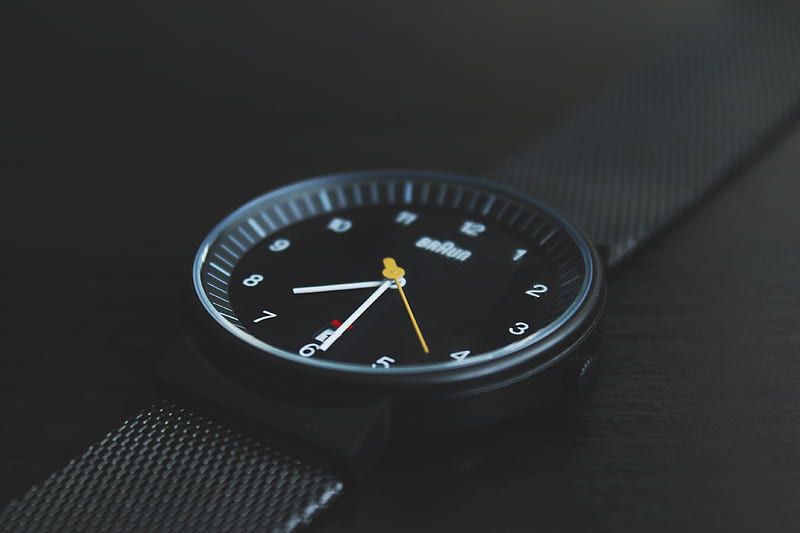 round black Braun analog watch with black band at 7:30, HD wallpaper