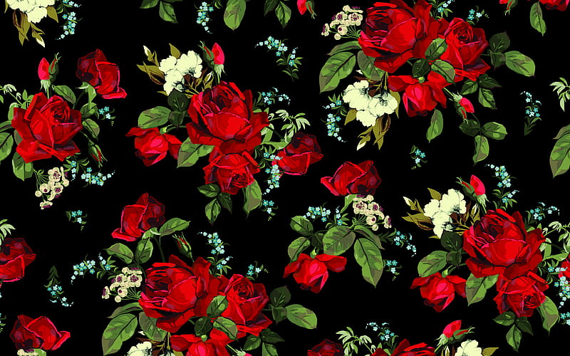 retro roses texture black background with red roses, retro roses background, vintage roses texture, Vintage roses seamless pattern, retro background with roses, HD wallpaper