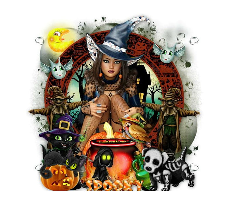 SPOOKY, CAULDRON, FEMALE, CATS, WITCH, HD wallpaper
