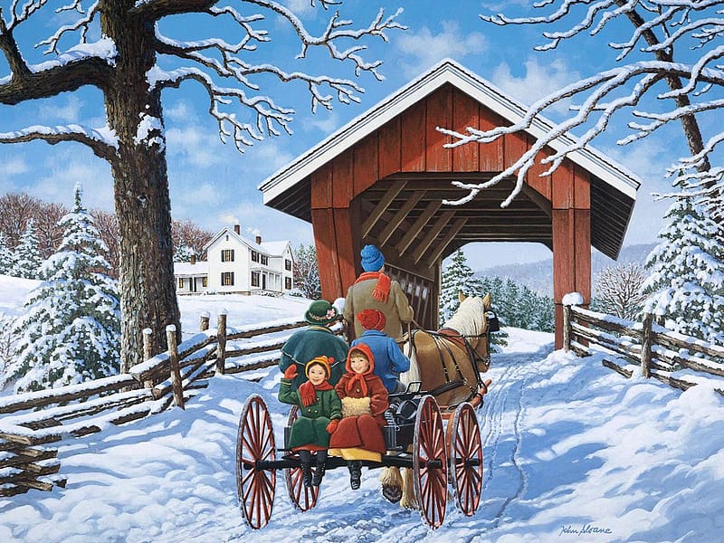 To Grandmother's House, winter, horse, painting, snow, bridge, cart, HD wallpaper
