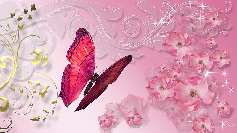 Oh So Pink, artistic, butterfly, gold leaves, summer, flowers, firefox persona, pink, floral, HD wallpaper