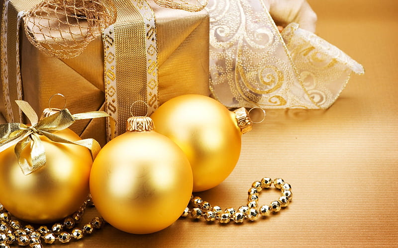 Golden Christmas!, present, gold, christmas, balls, HD wallpaper | Peakpx