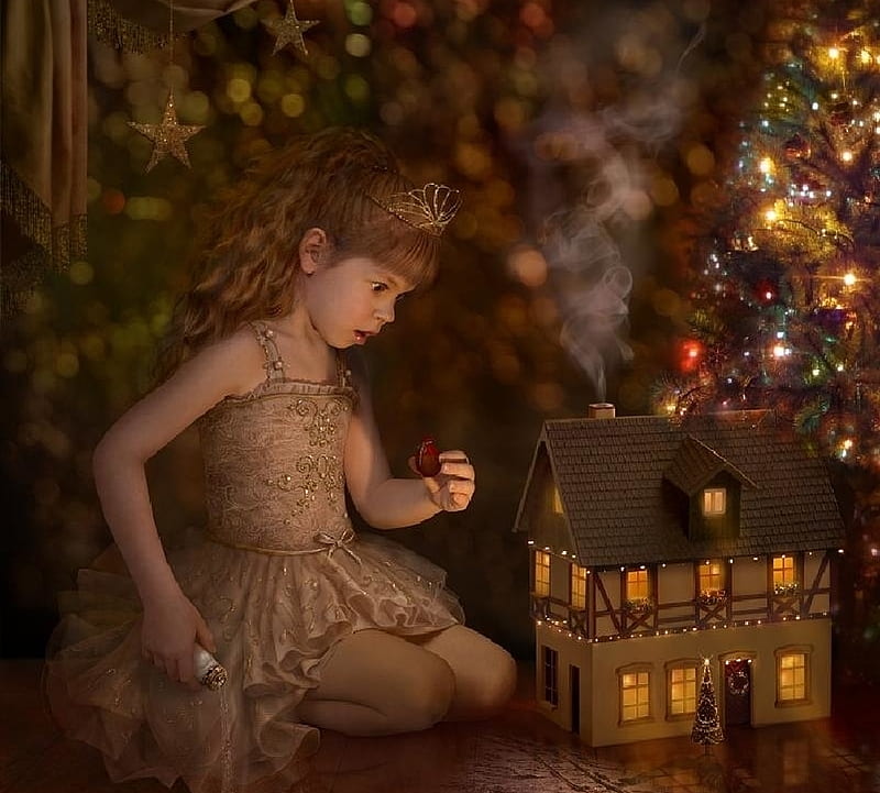 Christmas miracle, doll house, little, luminos, cornacchia-art, lights, tree, fantasy, girl, cornacchiaart, copil, child, room, miracle, HD wallpaper