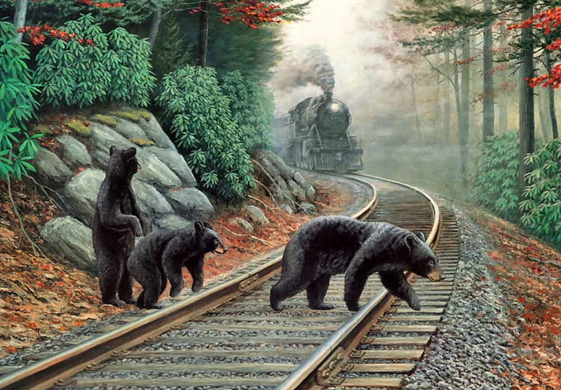 Bear Tracks F1, railroad, art, artwork, animal, train, painting, wide screen, wildlife, bears, tracks, HD wallpaper