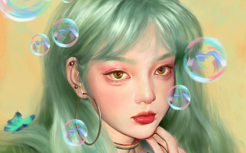 Girl, art, fantasy, xiongnian, green, luminos, bubbles, face, frumusete, HD wallpaper