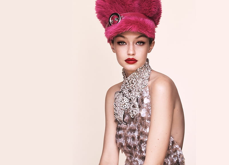 Gigi Hadid, girl, model, woman, pink, hat, fur, HD wallpaper