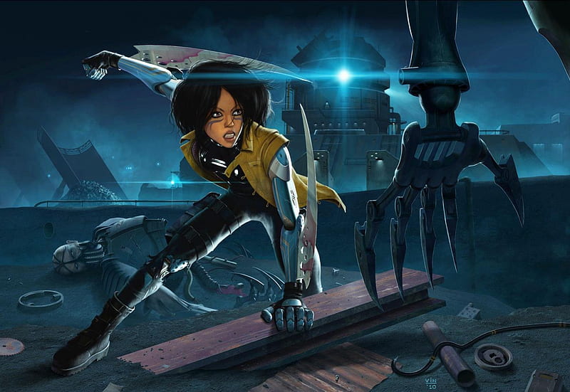 Age of Androids, female, dark hair, boots, buildings, androids, cyborgs, brown eyes, fantasy, girl, blade, weapon, HD wallpaper