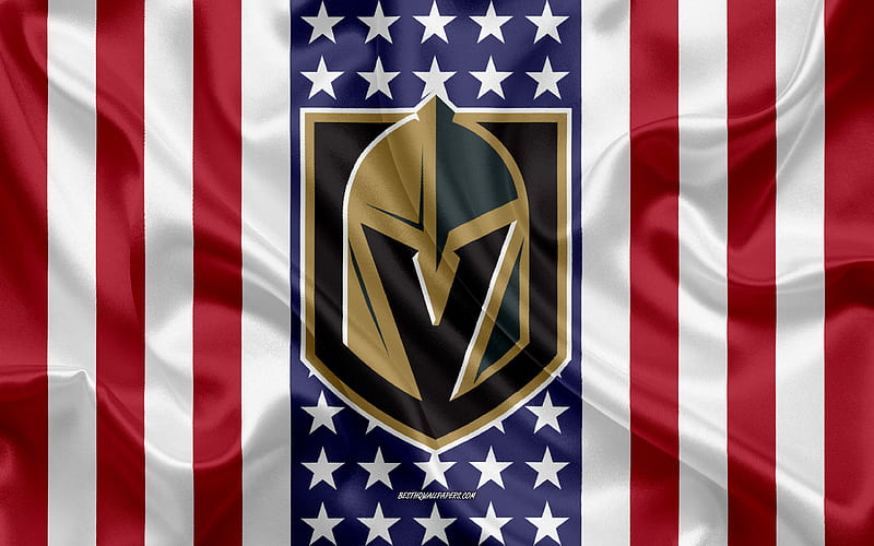 Vegas Golden Knights logo, emblem, silk texture, American flag, American hockey club, NHL, Paradise, Nevada, USA, National Hockey League, ice hockey, silk flag, HD wallpaper