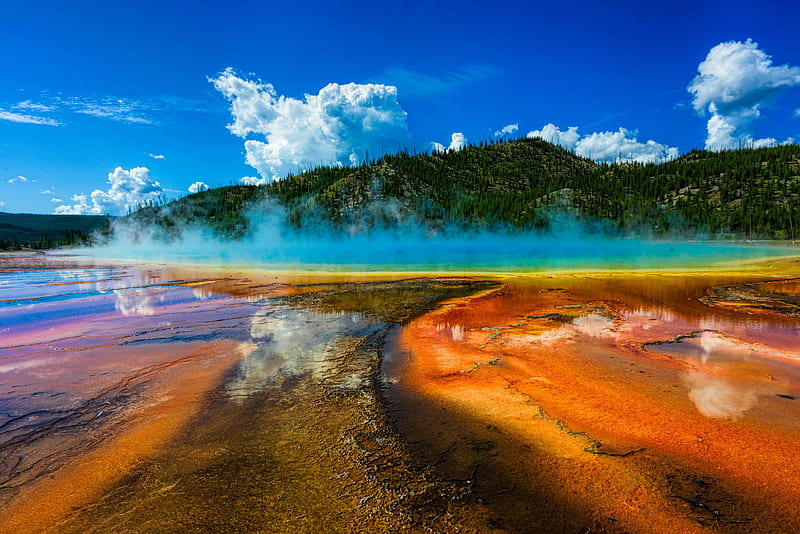 Grand Prismatic Spring, Yellowstone, eruptions, wyoming, usa, dust, landscape, HD wallpaper