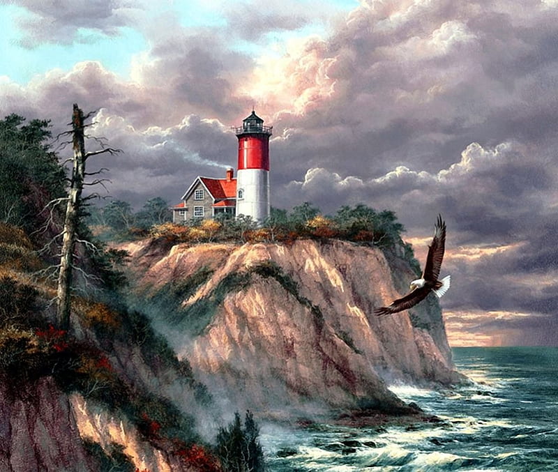 Nauset Lighthouse, painting, eagle, cliff, waves, clouds, artwork, sea, HD wallpaper