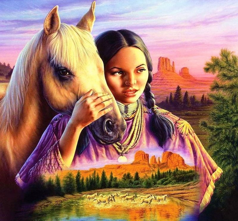 Native Scene, girl, canyons, artwork, horses, landscape, HD wallpaper