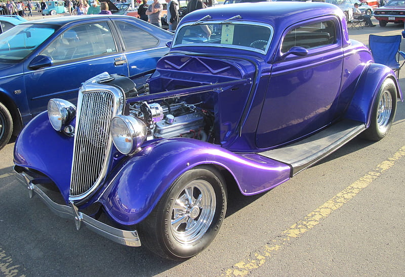 1934 Ford 3 windows coupe, Ford, graphy, purple, headlights, engine, grills, tires, HD wallpaper