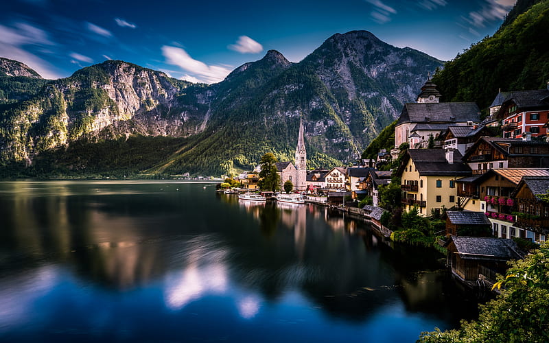 Hallstatt, Austria, lake, mountain landscape, morning, summer, Lake Hallstatt, Salzkammergut, HD wallpaper