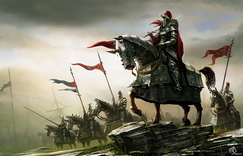 Knights, fantasy, battle, abstract, horses, HD wallpaper