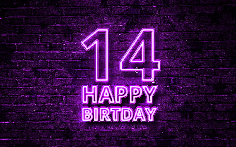 Happy 14 Years Birtay violet neon text, 14th Birtay Party, violet brickwall, Happy 14th birtay, Birtay concept, Birtay Party, 14th Birtay, HD wallpaper