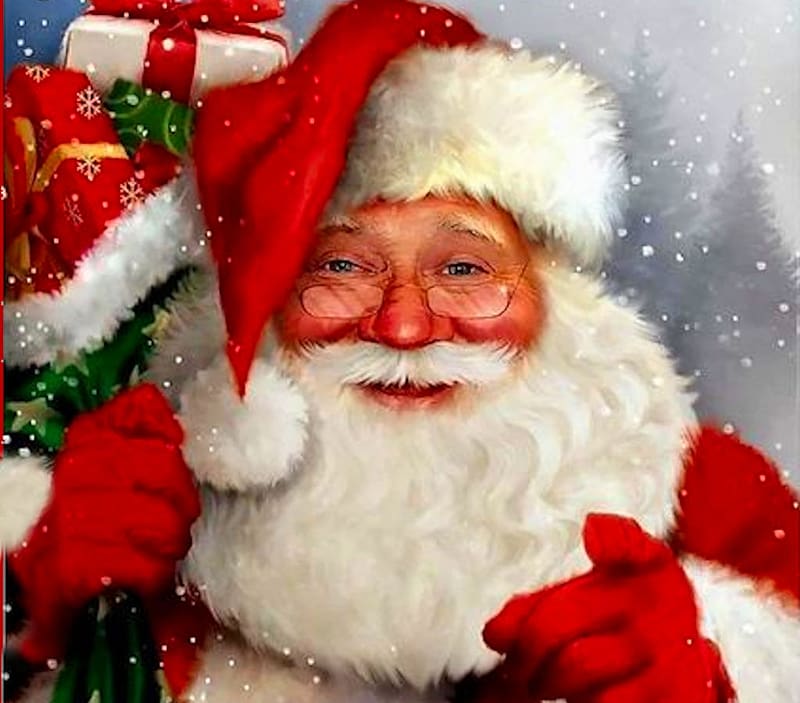 Santa Arrives, colorful, white, vibrant, gifts, gloves, vivid, Santa, green, red, snow, bright, beard, bold, trees, hat, HD wallpaper