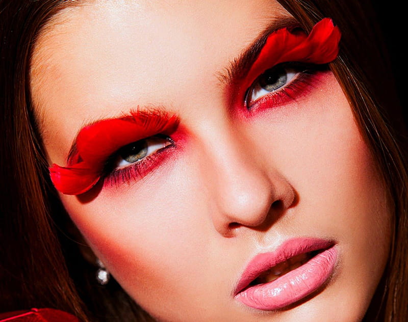 Red lashes, model, makeup, face, lashes, woman, HD wallpaper